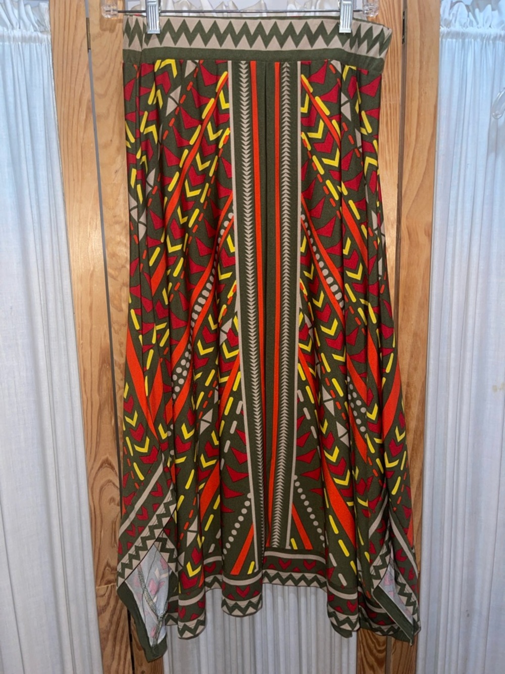 Ashley Stewart Olive Maxi Skirt with Red & Yellow Geometric Print